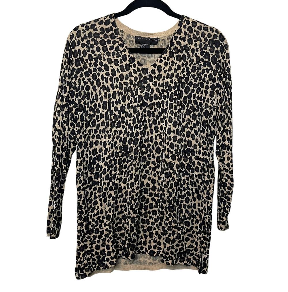 August Silk 100% Silk Leopard Print 3/4 Sleeve Stretch Top Size XL